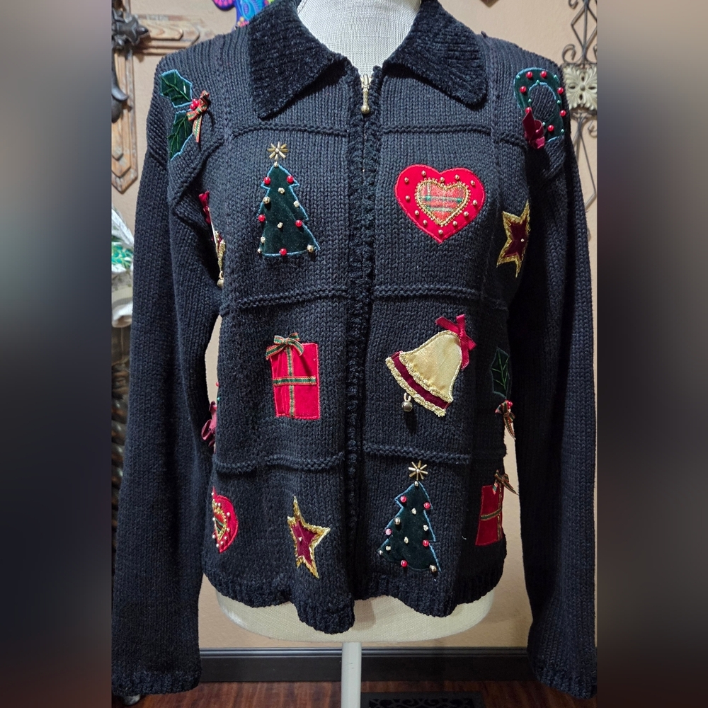 Croft & Barrow Black Knit Christmas Cardigan Women's M‎